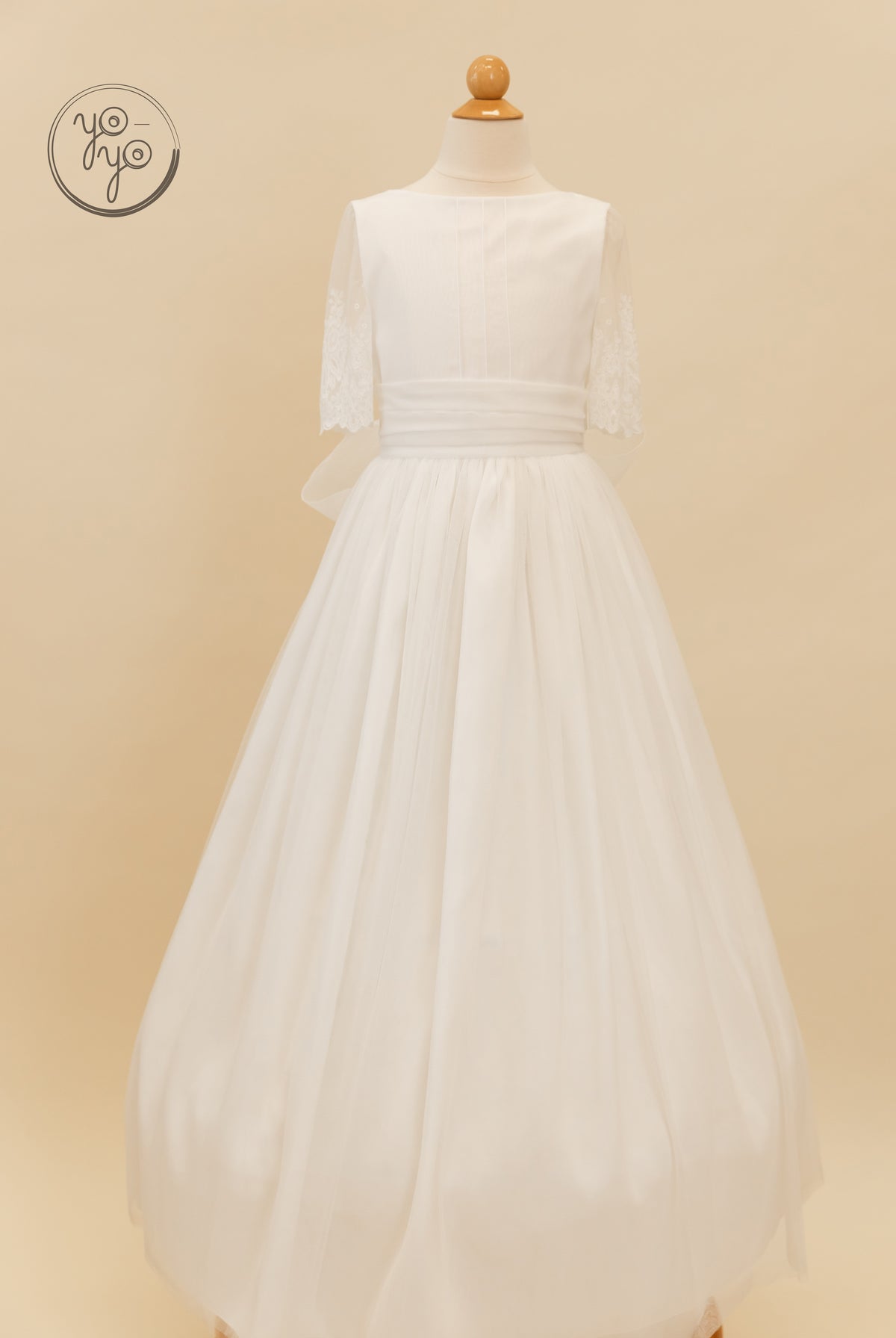 Nigella dress: floor-length boho gown with a sheer bodice, lace-trimmed elbow sleeves, wide waistband, and a French tulle skirt.