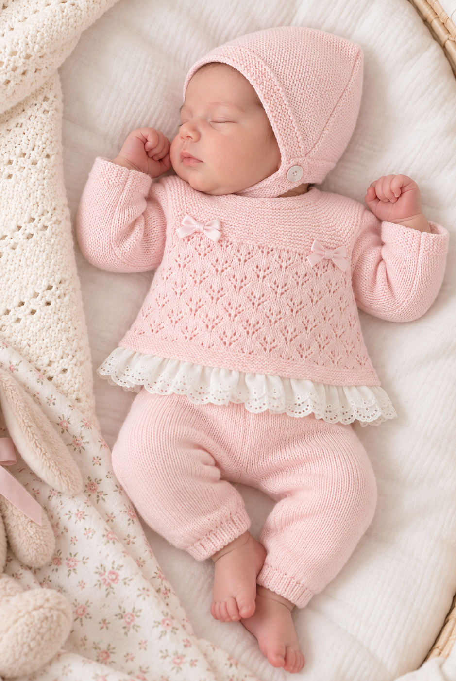 A newborn girl sleeps in a basket wearing a Baby Pink & Lace Newborn Outfit, featuring a lace-trimmed sweater, leggings, and a matching bonnet.