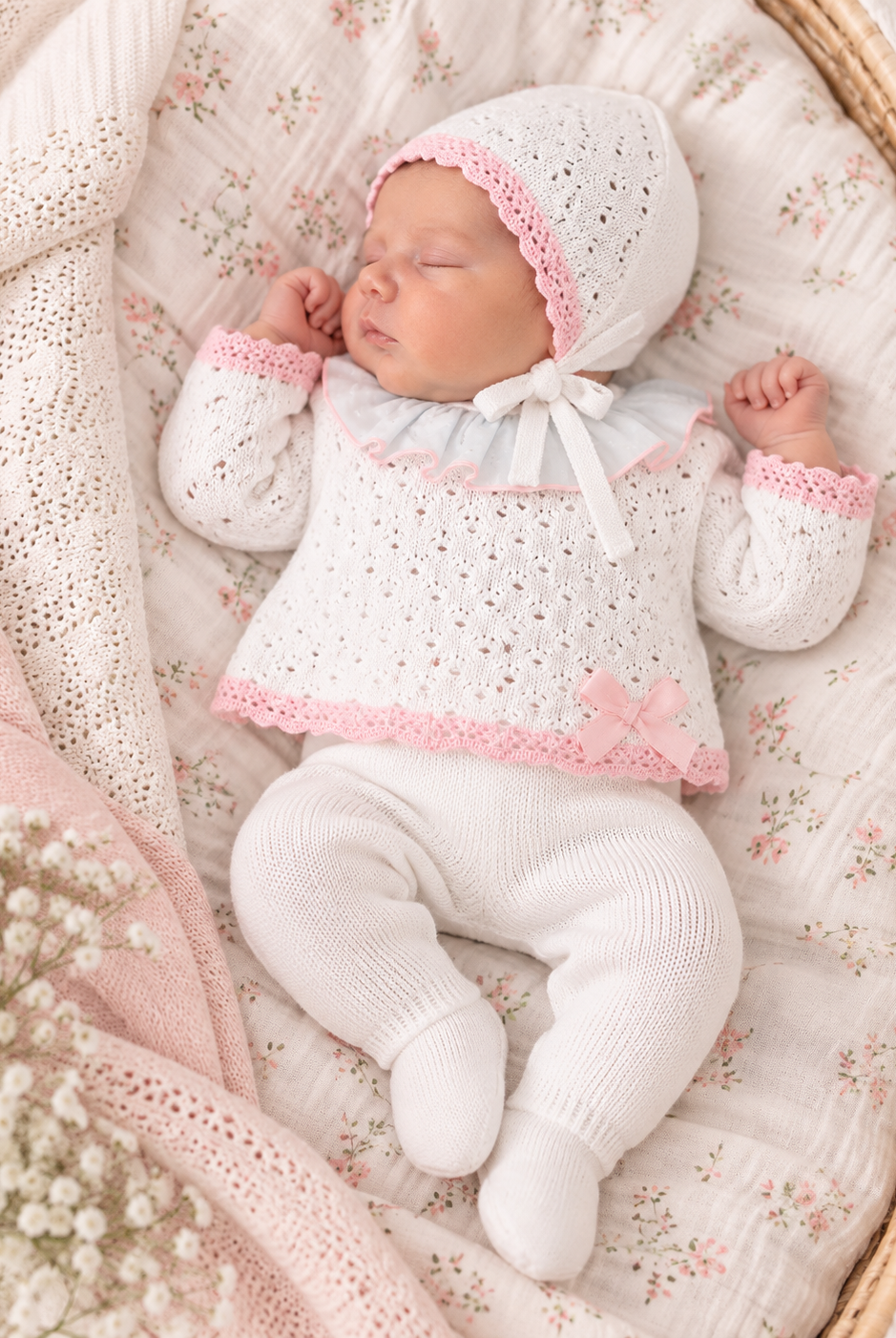 Newborn baby girl in a YoYo Boutique white long-sleeve top with pink trim, leggings, and a matching bonnet.