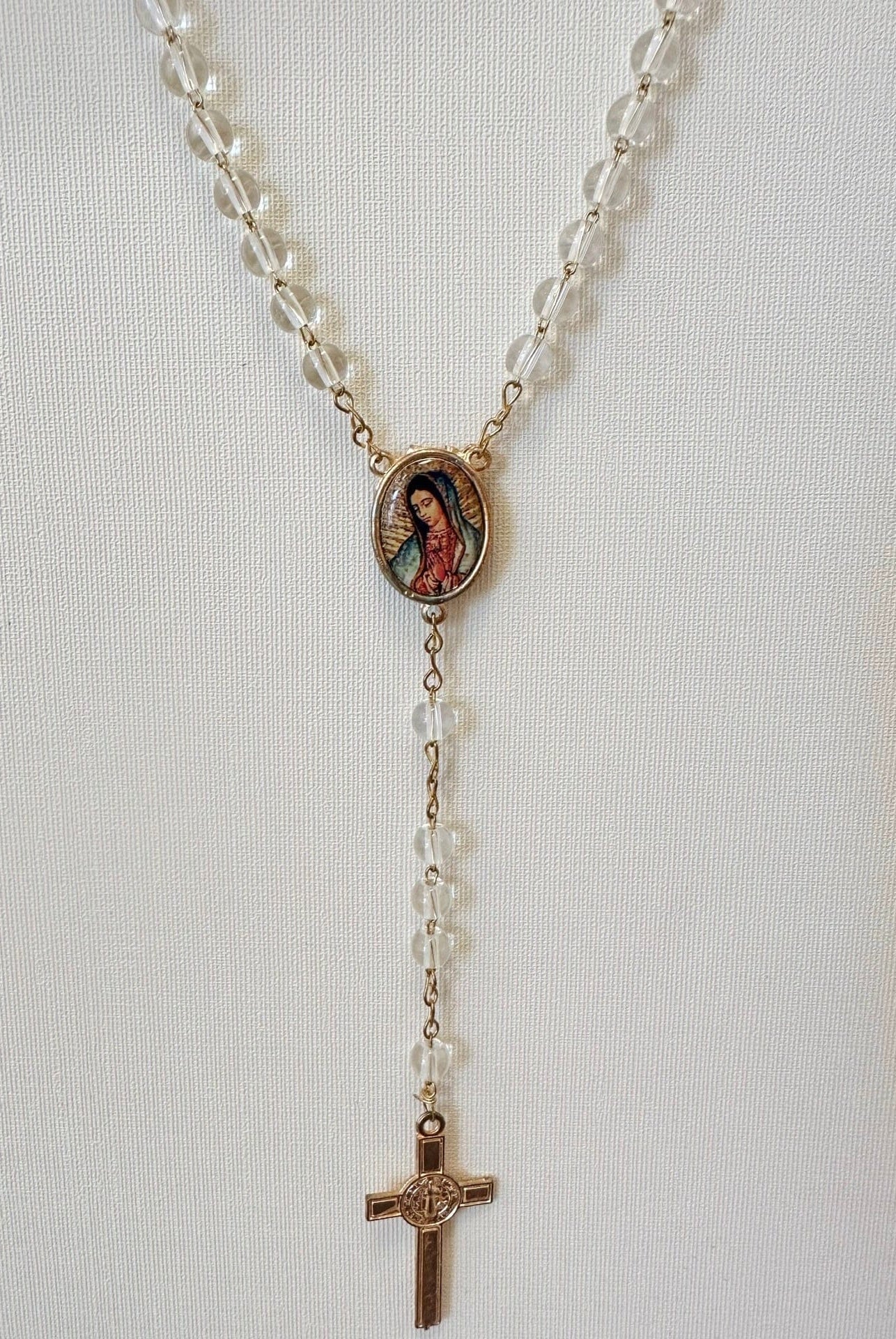 YoYo Boutique Accessories White Crystals & Virgin of Guadalupe Rosary