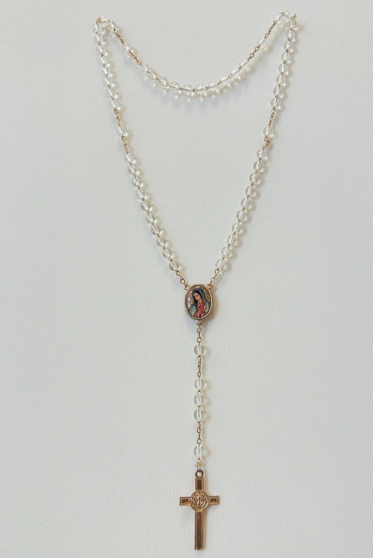YoYo Boutique Accessories White Crystals & Virgin of Guadalupe Rosary