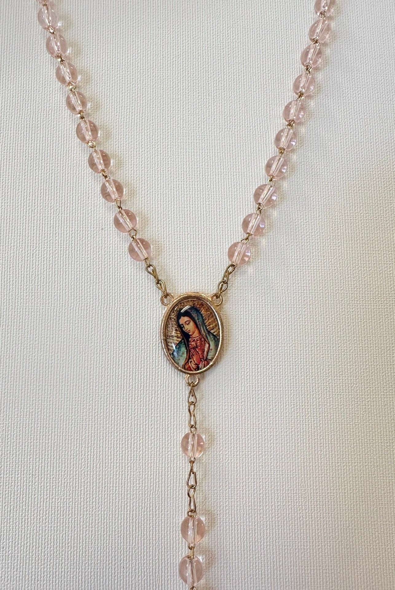 YoYo Boutique Rosary Pink Pink Crystals & Virgin of Guadalupe Rosary