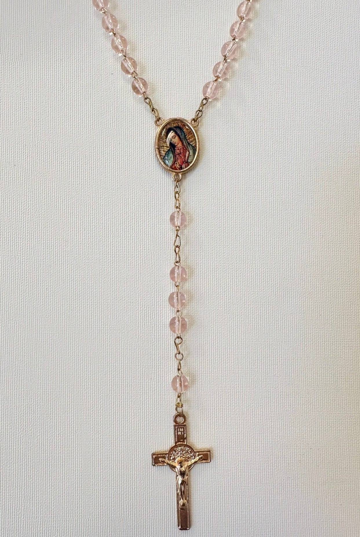 YoYo Boutique Rosary Pink Pink Crystals & Virgin of Guadalupe Rosary