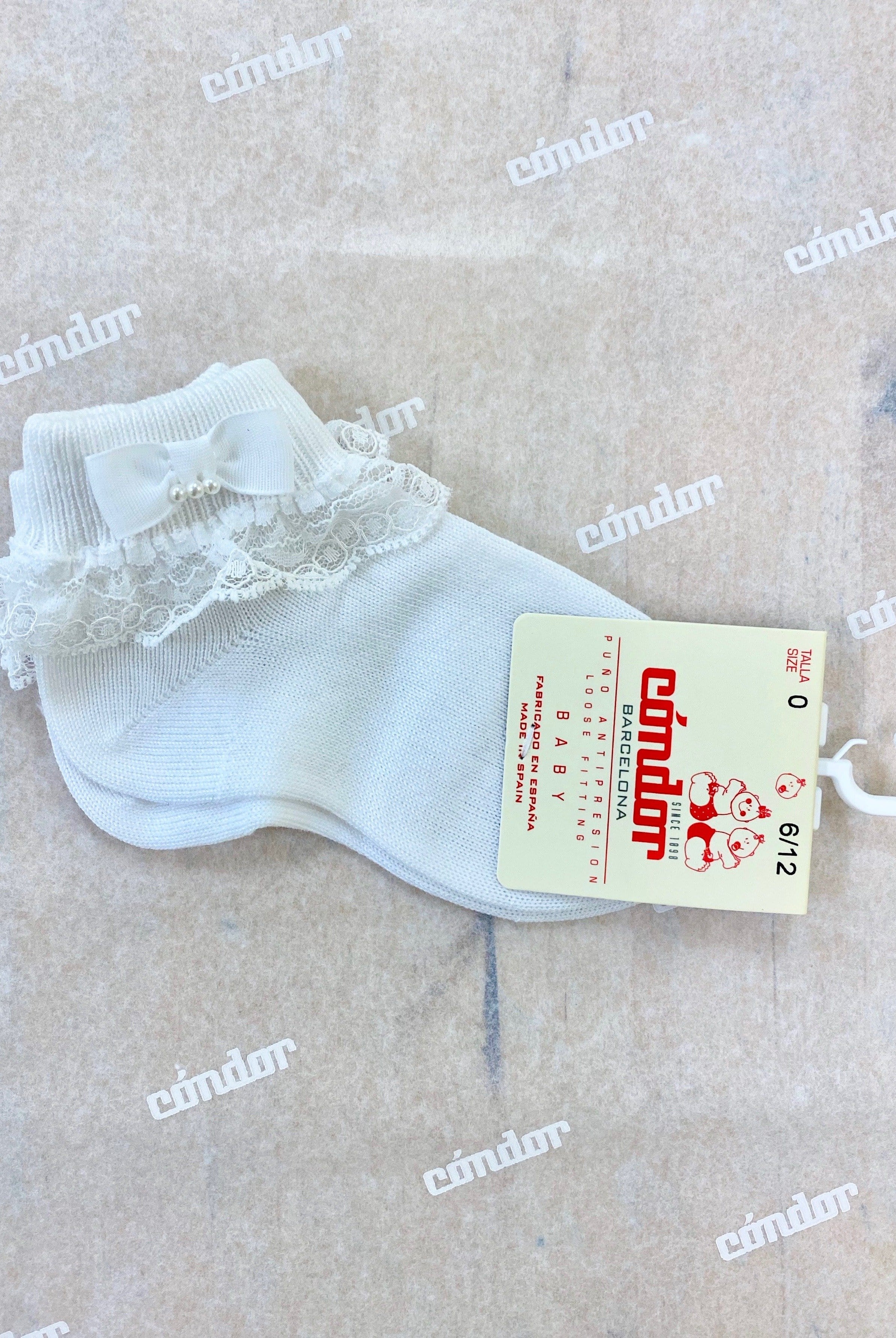 Condor Socks White Ankle Socks with Folded Cuff, Lace & Bow