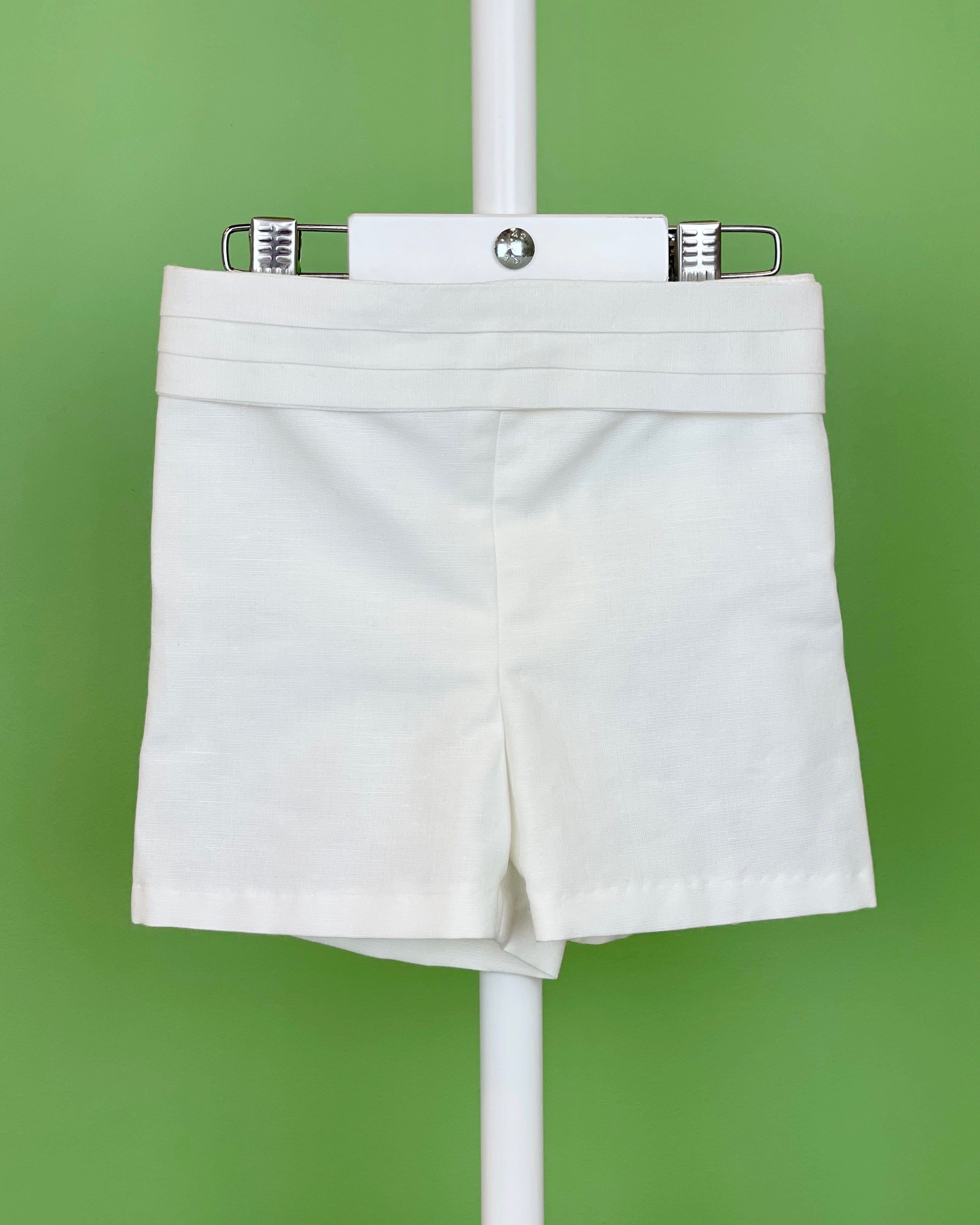 YoYo Children's Boutique Baptism White Linen & Mao Collar Shorts Outfit