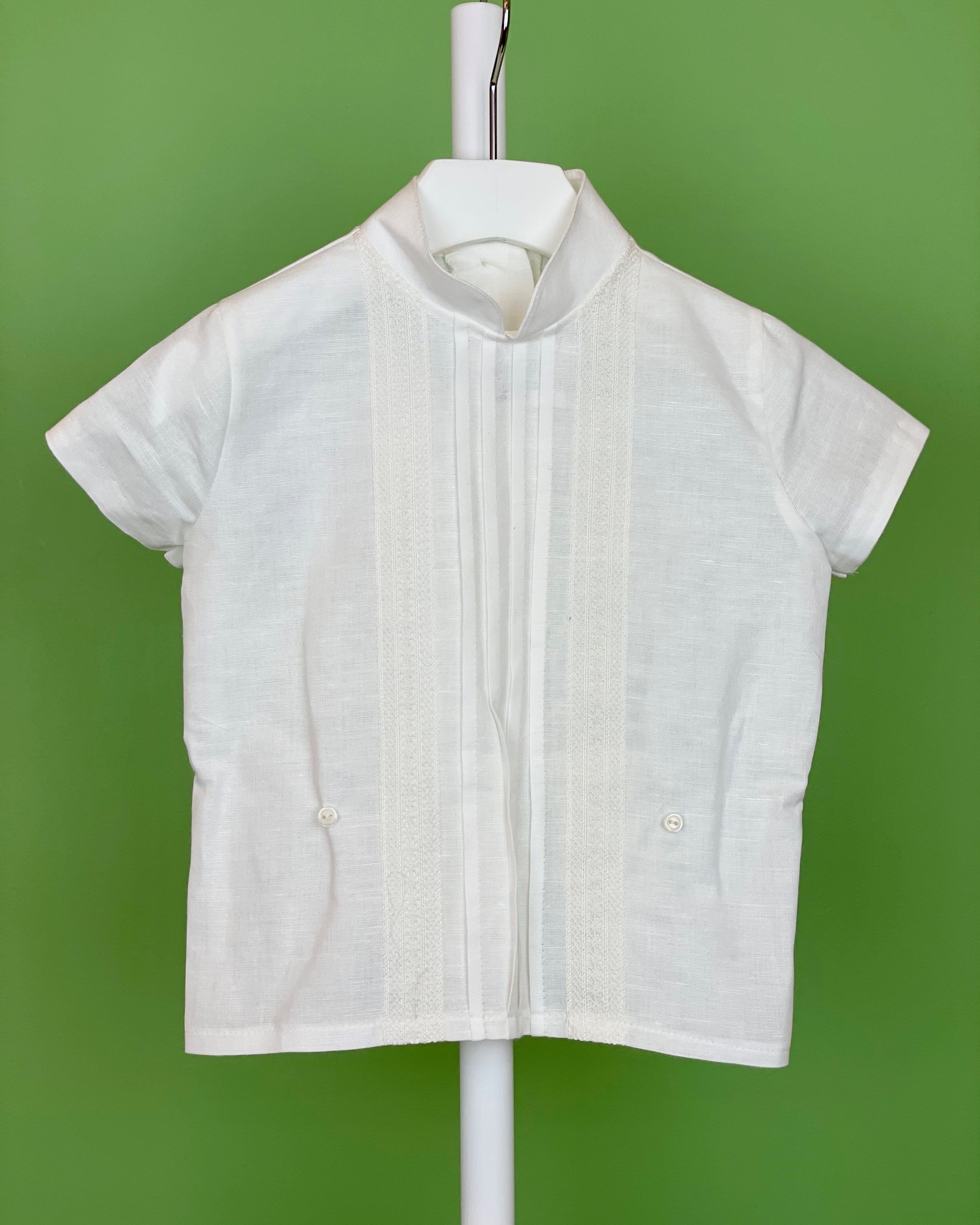 YoYo Children's Boutique Baptism White Linen & Mao Collar Shorts Outfit