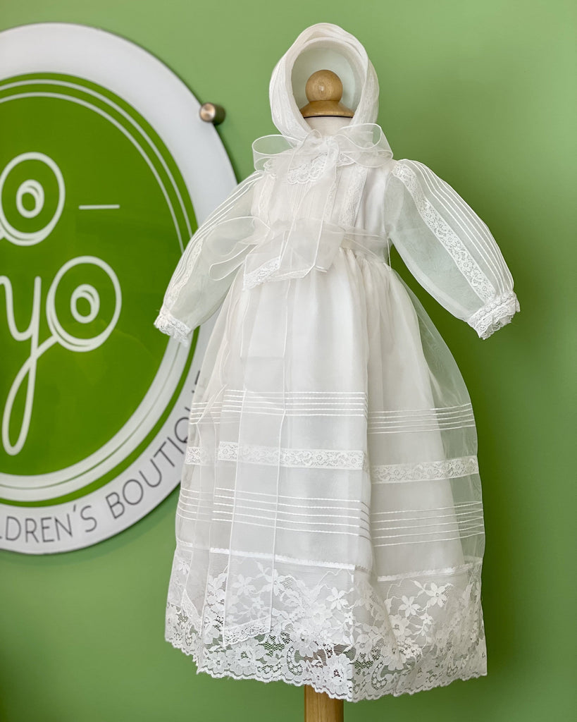 YoYo Children's Boutique Baptism White Organza & Lace Long Dress