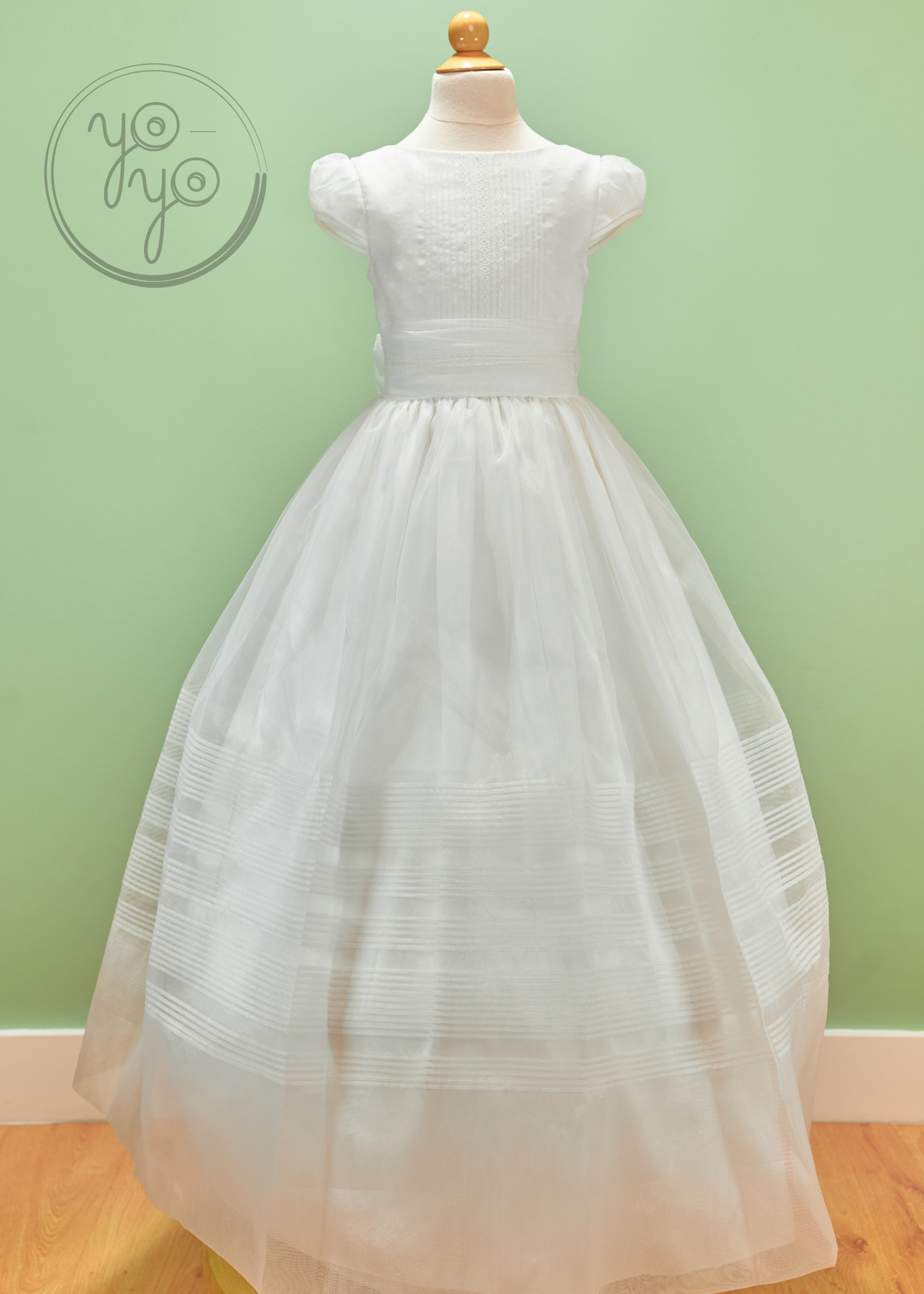 Girasol First Communion Dress – Organza with Polka Dots & Bow 8 / Off-White / Organza