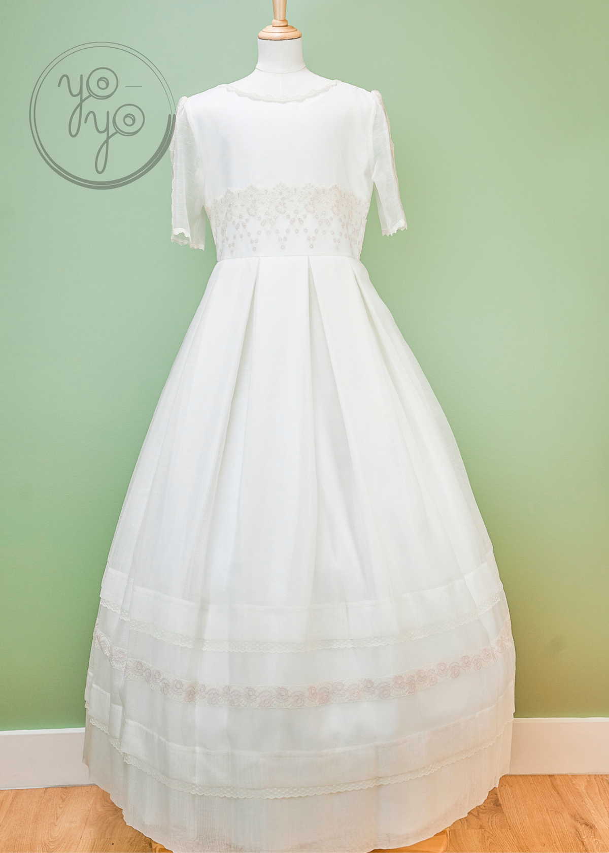 lace first holy communion dresses French Sleeves Classic Style Dotted Tulle Dress Celestial 3316 Pre-order 4 years / As in the photo Ivory Floor length Floor Length Lace Stores That