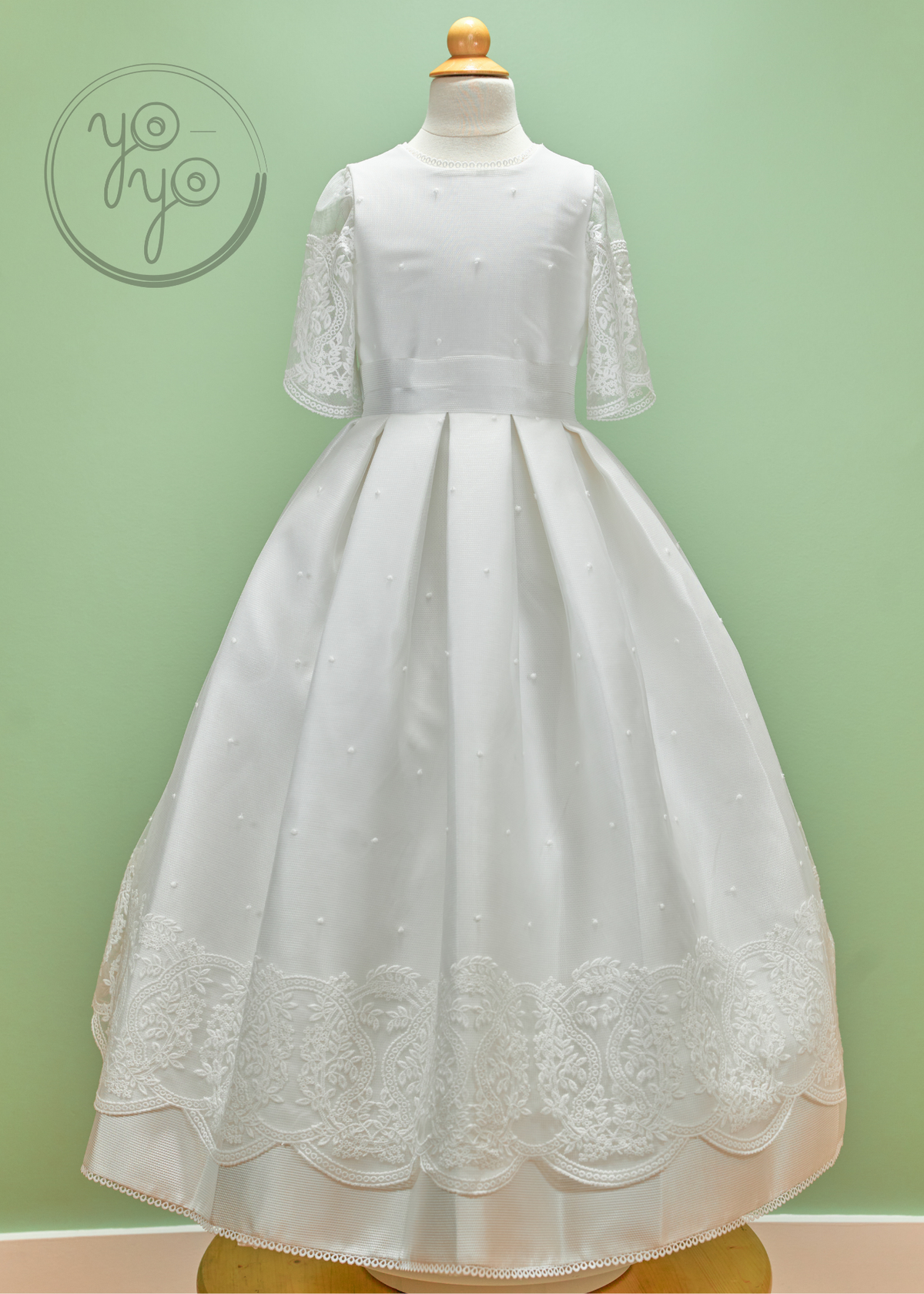 silk communion dress White Lace First Communion Dress: Long Puffy Sleeve Tulle Gown