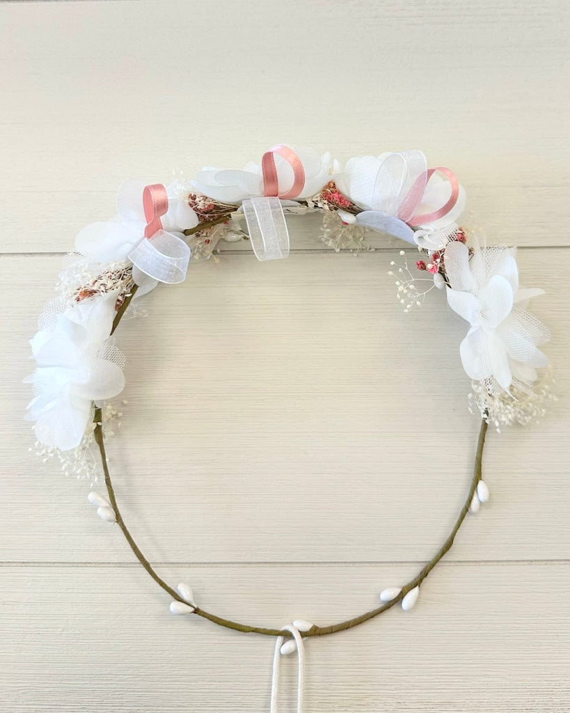 YoYo Boutique Accesories White White Flowers & Pink Ribbon Half-Crown