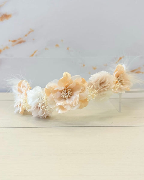 YoYo Boutique Accessories Off-White Blush Flowers & Feathers Half-Crown