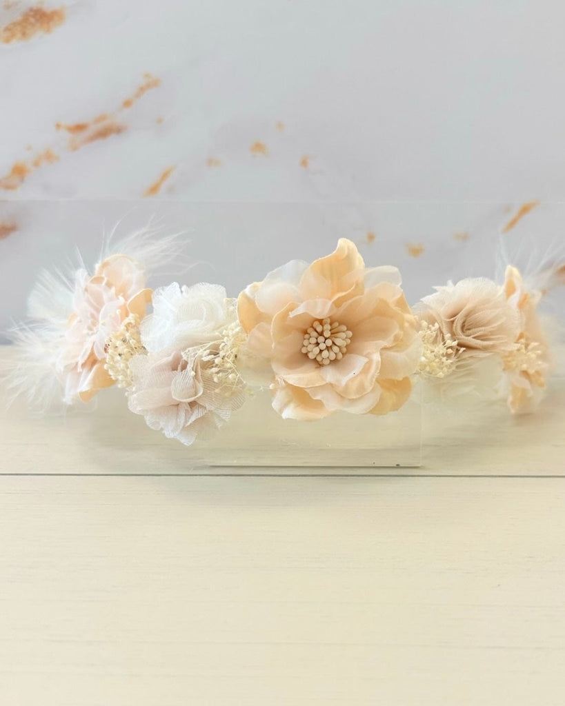 YoYo Boutique Accessories Off-White Blush Flowers & Feathers Half-Crown