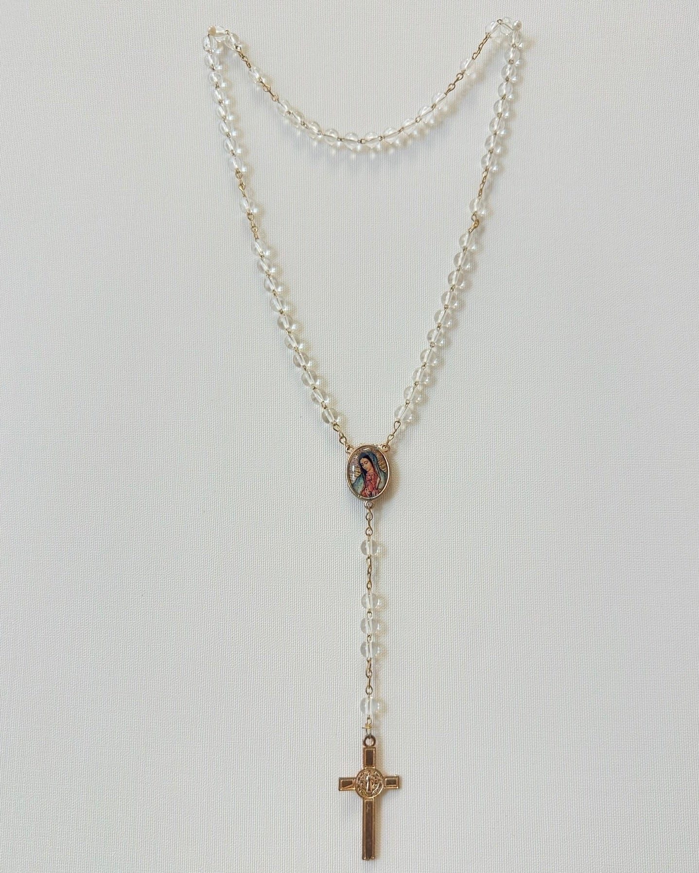 YoYo Boutique Accessories White Crystals & Virgin of Guadalupe Rosary