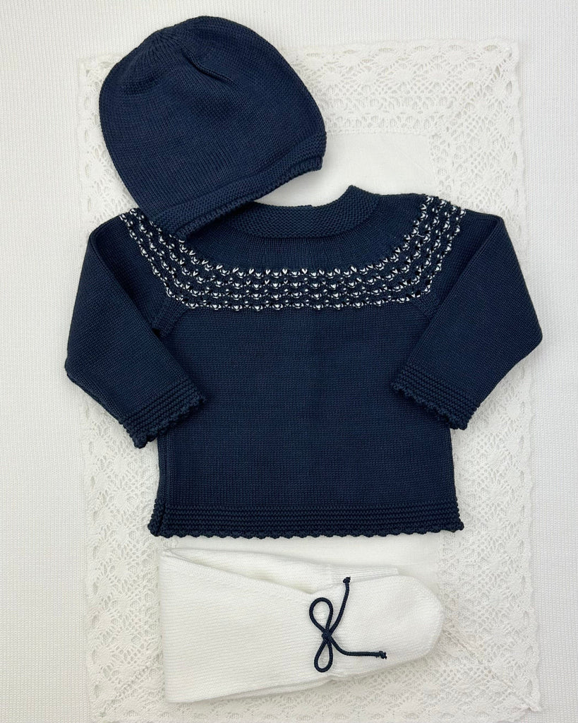 YoYo Boutique Newborn 0M / Navy Blue Navy Blue & White Knitted Newborn Outfit