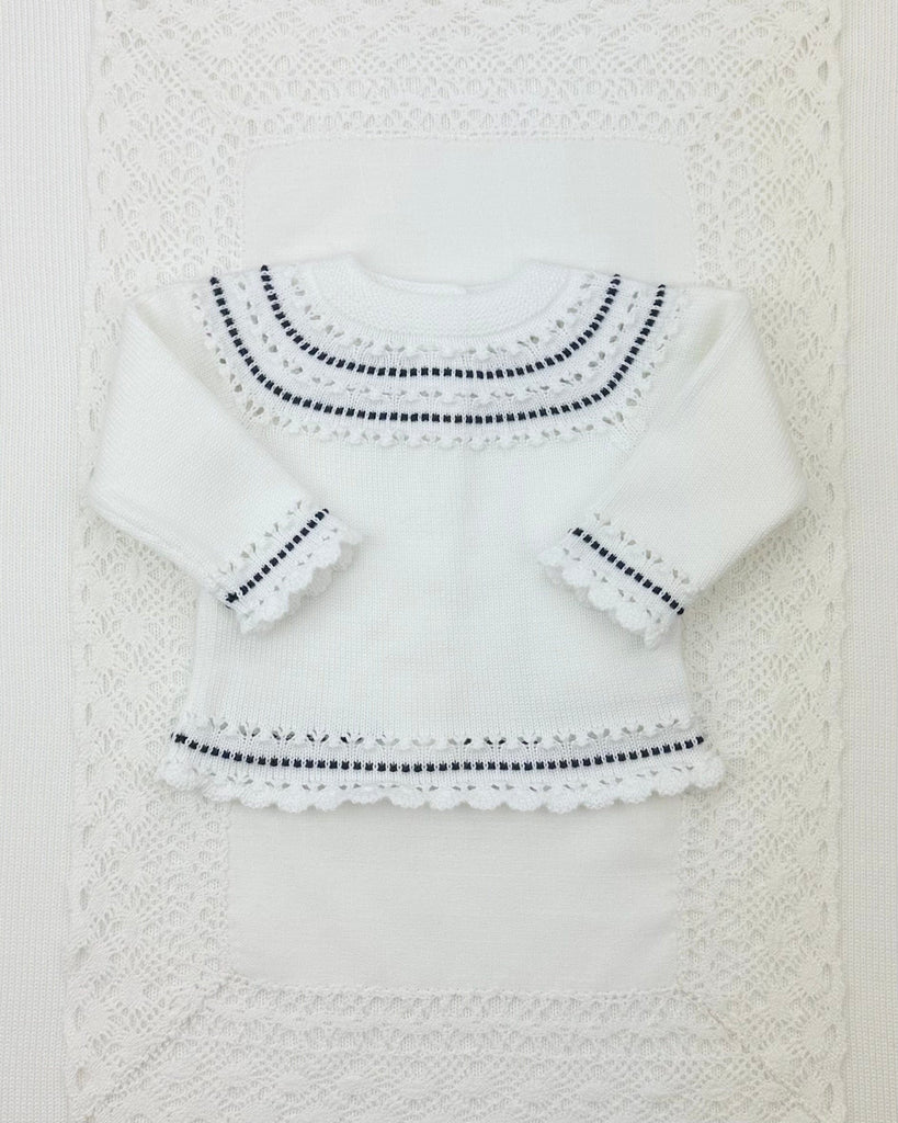 YoYo Boutique Newborn 0M / White White & Navy Blue Knitted Newborn Outfit