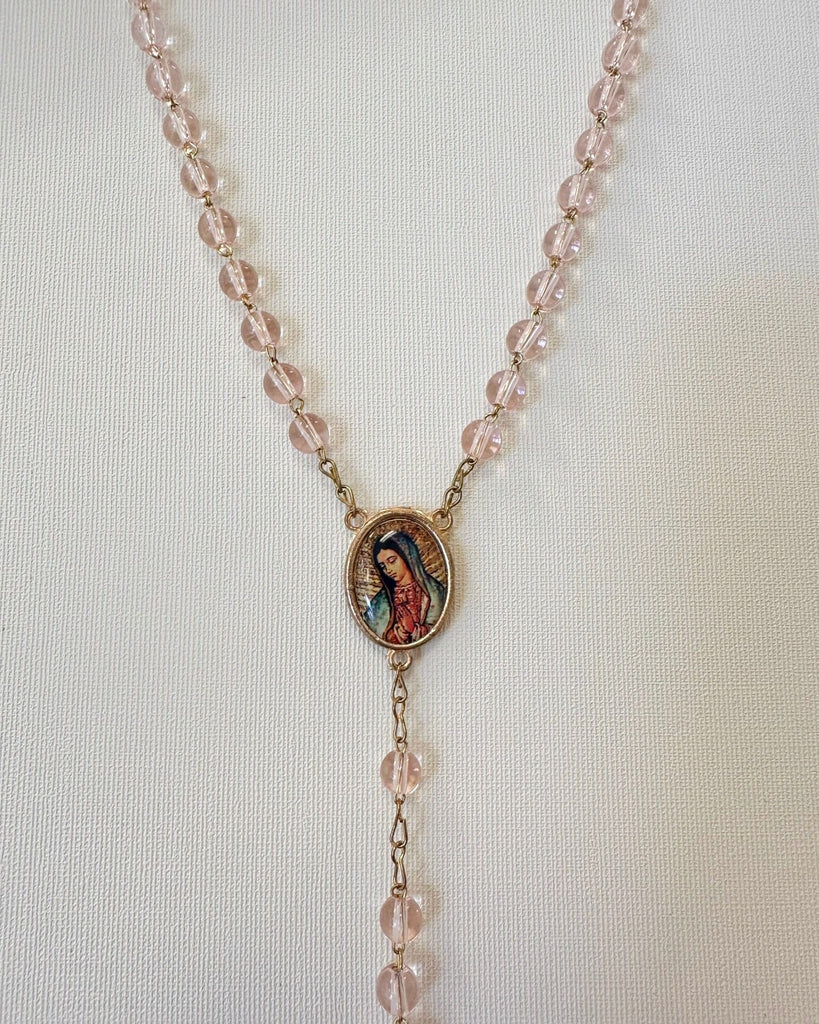 YoYo Boutique Rosary Pink Pink Crystals & Virgin of Guadalupe Rosary