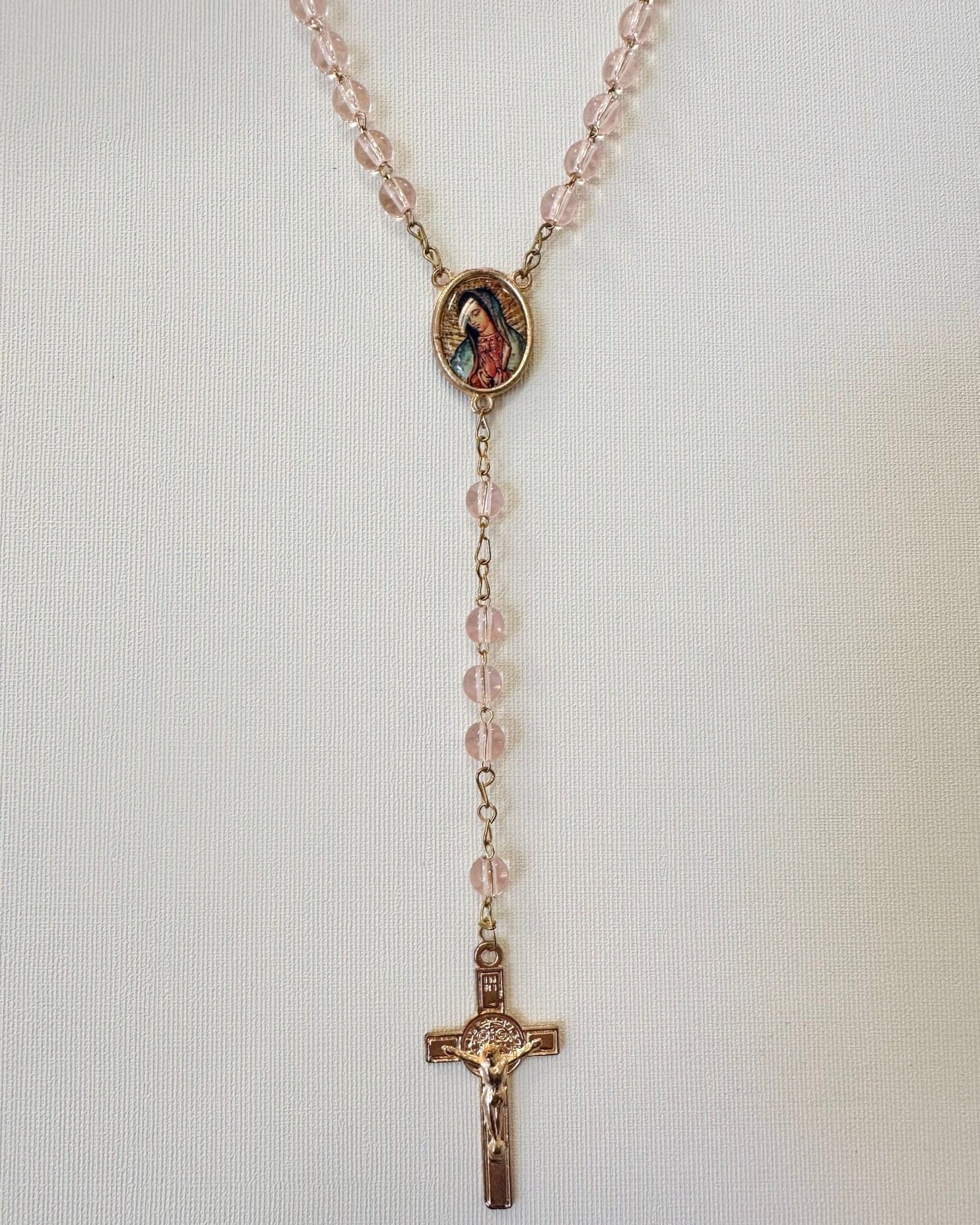 YoYo Boutique Rosary Pink Pink Crystals & Virgin of Guadalupe Rosary