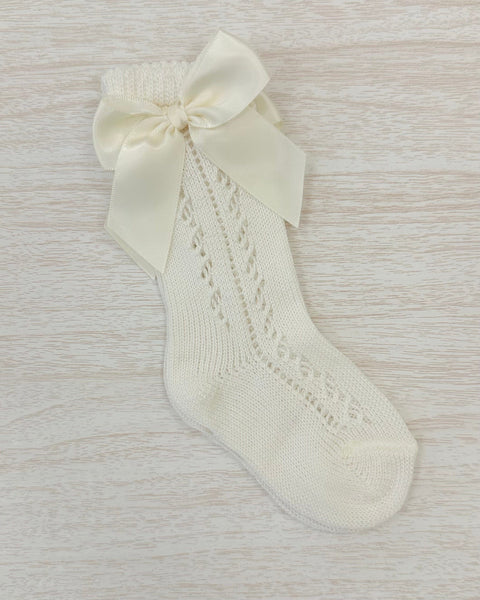 YoYo Boutique Socks Off-White Openwork with Bow Kneehigh Socks