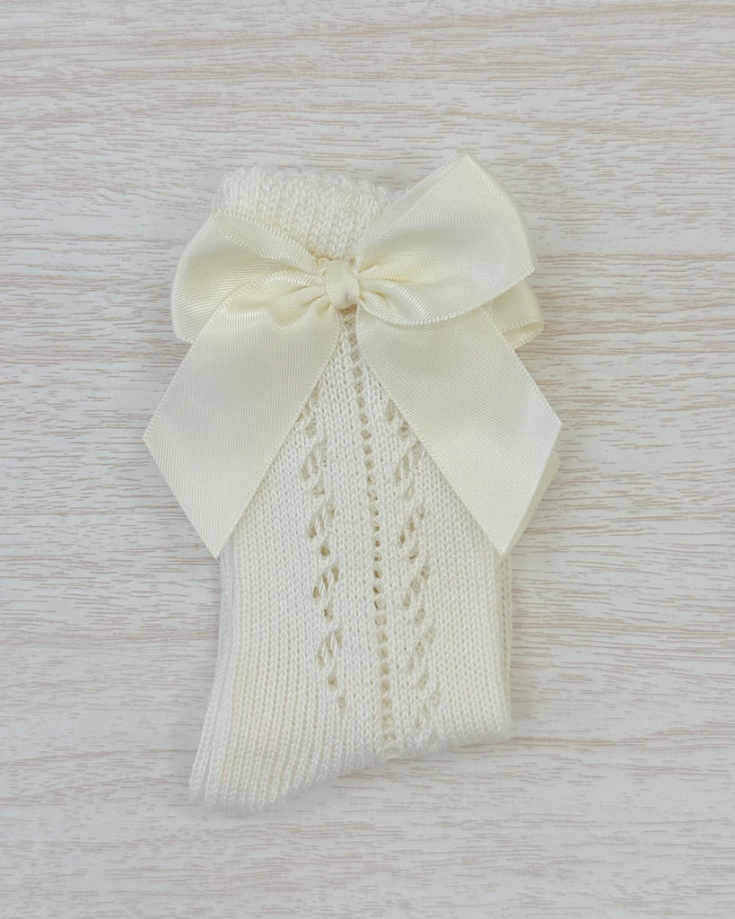 YoYo Boutique Socks Off-White Openwork with Bow Kneehigh Socks