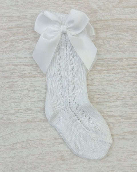 YoYo Boutique Socks White Openwork with Bow Kneehigh Socks