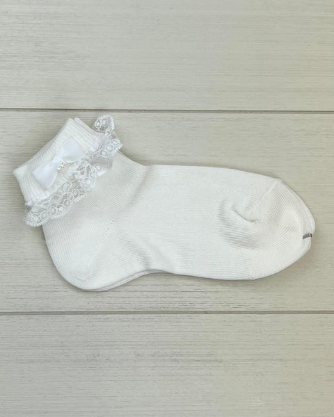 Condor Socks Off-White Ankle Socks with Folded Cuff, Lace & Bow