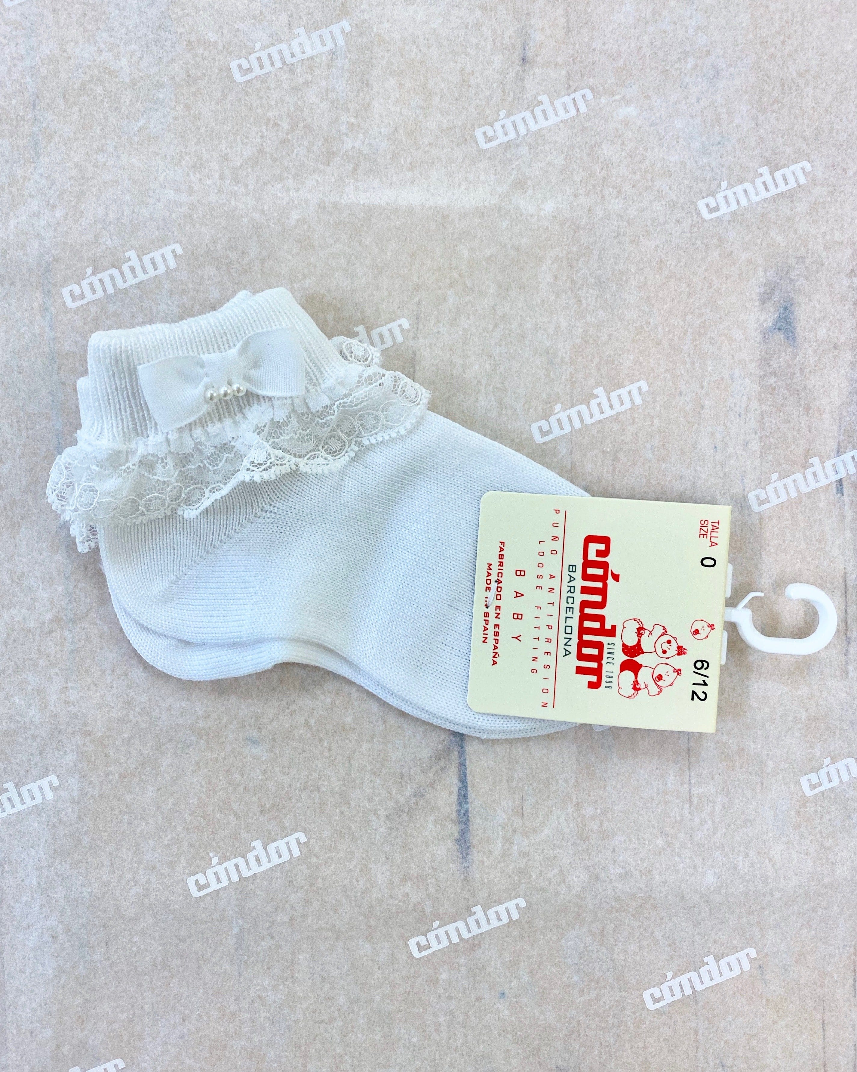 Condor Socks White Ankle Socks with Folded Cuff, Lace & Bow
