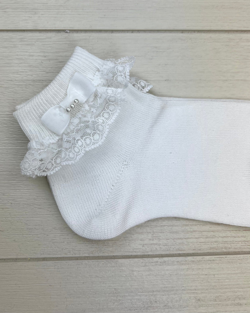 Condor Socks White Ankle Socks with Folded Cuff, Lace & Bow