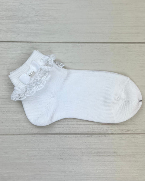 Condor Socks White Ankle Socks with Folded Cuff, Lace & Bow