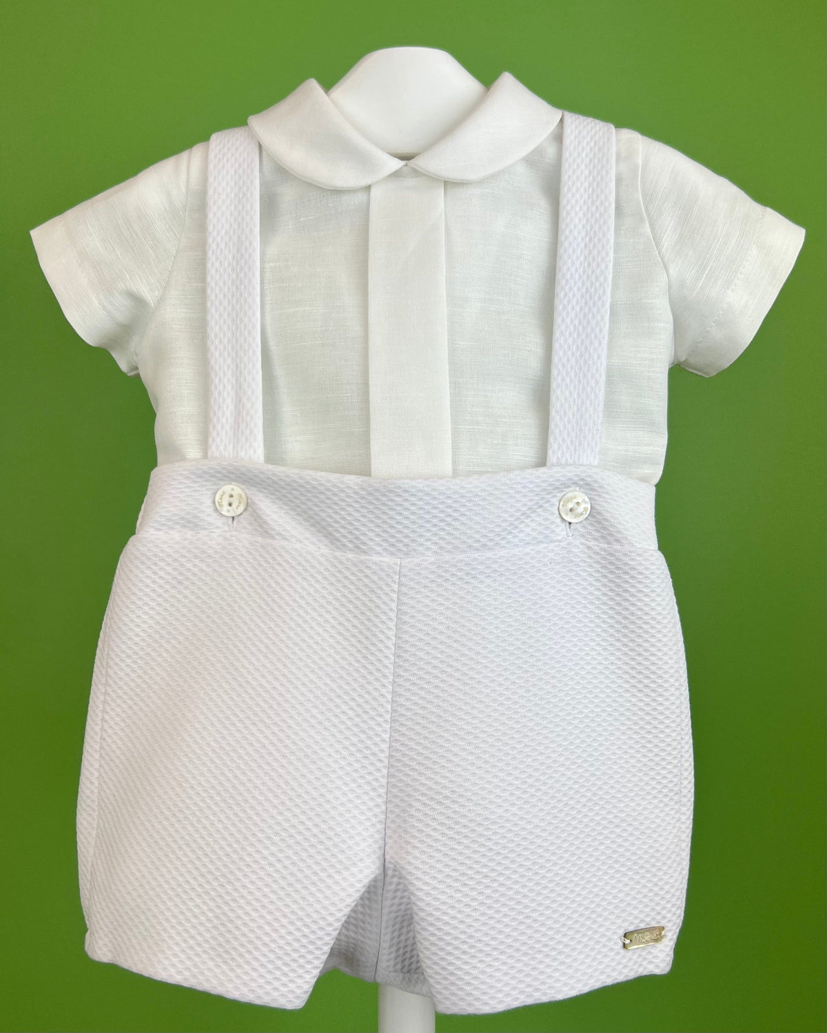 Alan Baby Boy Outfit – White Shirt Piqué Suspender Shorts Set