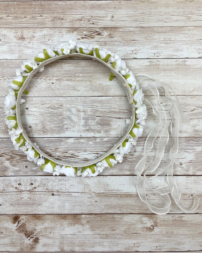 YoYo Children's Boutique Accesories White White Flowers with Ribbon Full Crown