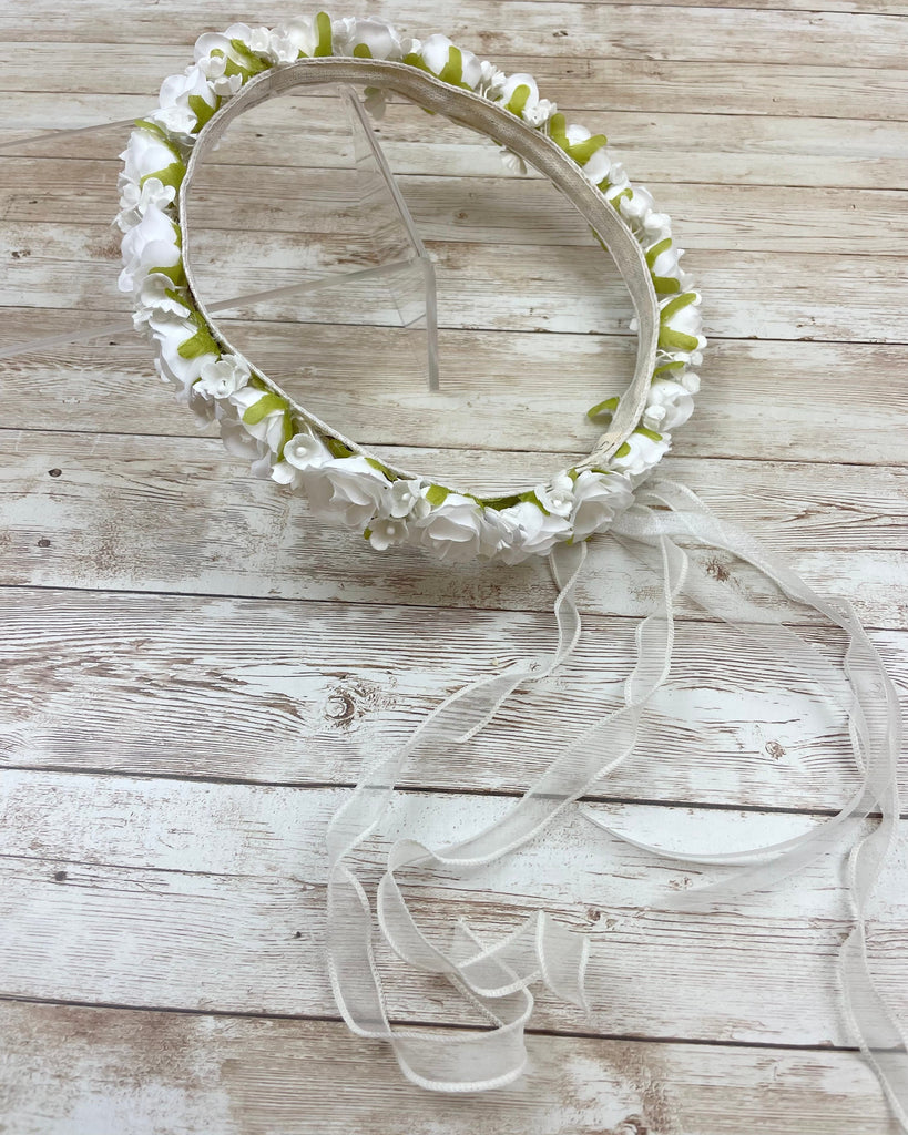 YoYo Children's Boutique Accesories White White Flowers with Ribbon Full Crown
