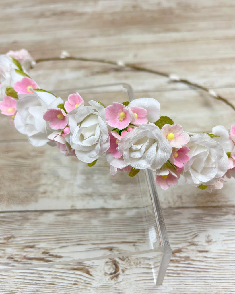 YoYo Children's Boutique Accesories White White & Pink Flowers Half Crown