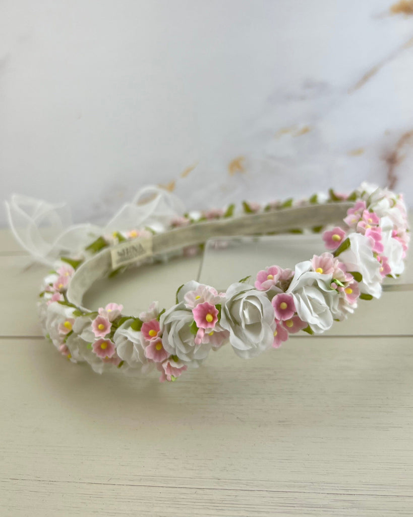 YoYo Children's Boutique Accesories White White & Pink Flowers with Ribbon Full Crown