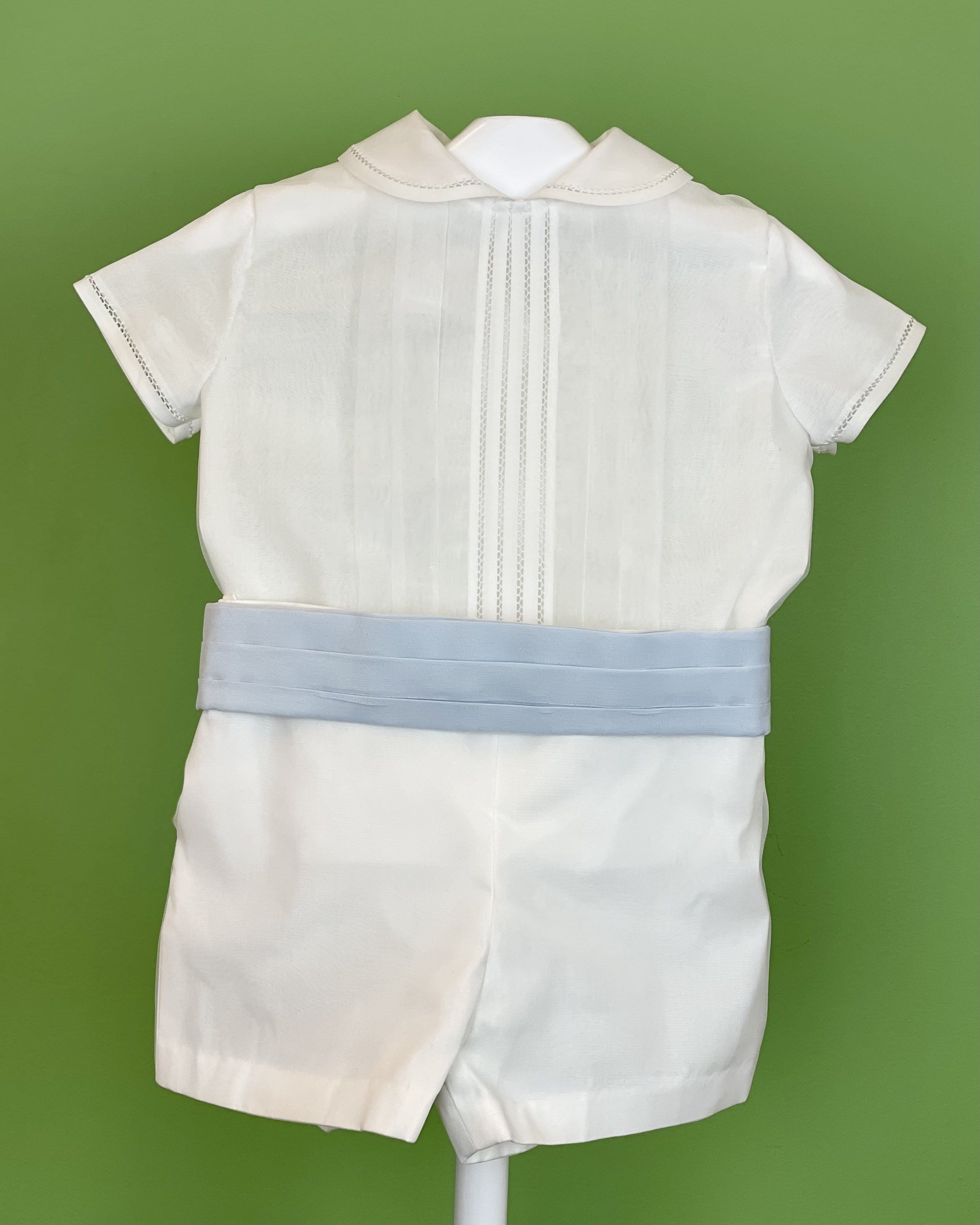 YoYo Children's Boutique Baptism Off-White & Blue Shorts Outfit