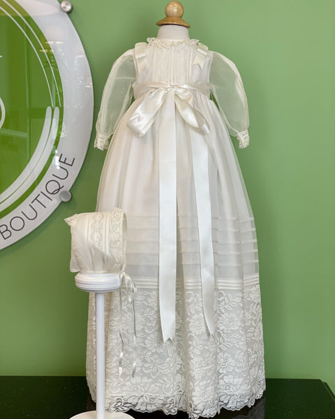 YoYo Children's Boutique Baptism Rose Lace Christening Gown with Bonnet