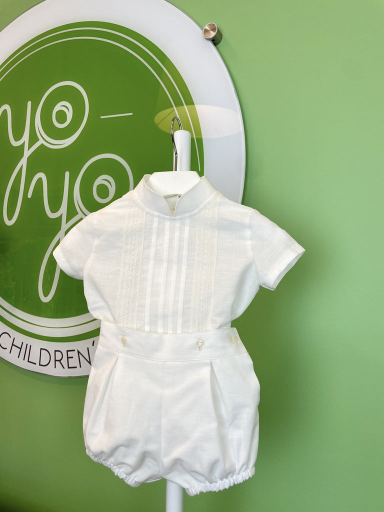 YoYo Children's Boutique Baptism White Linen & Mao Collar Bubble Outfit