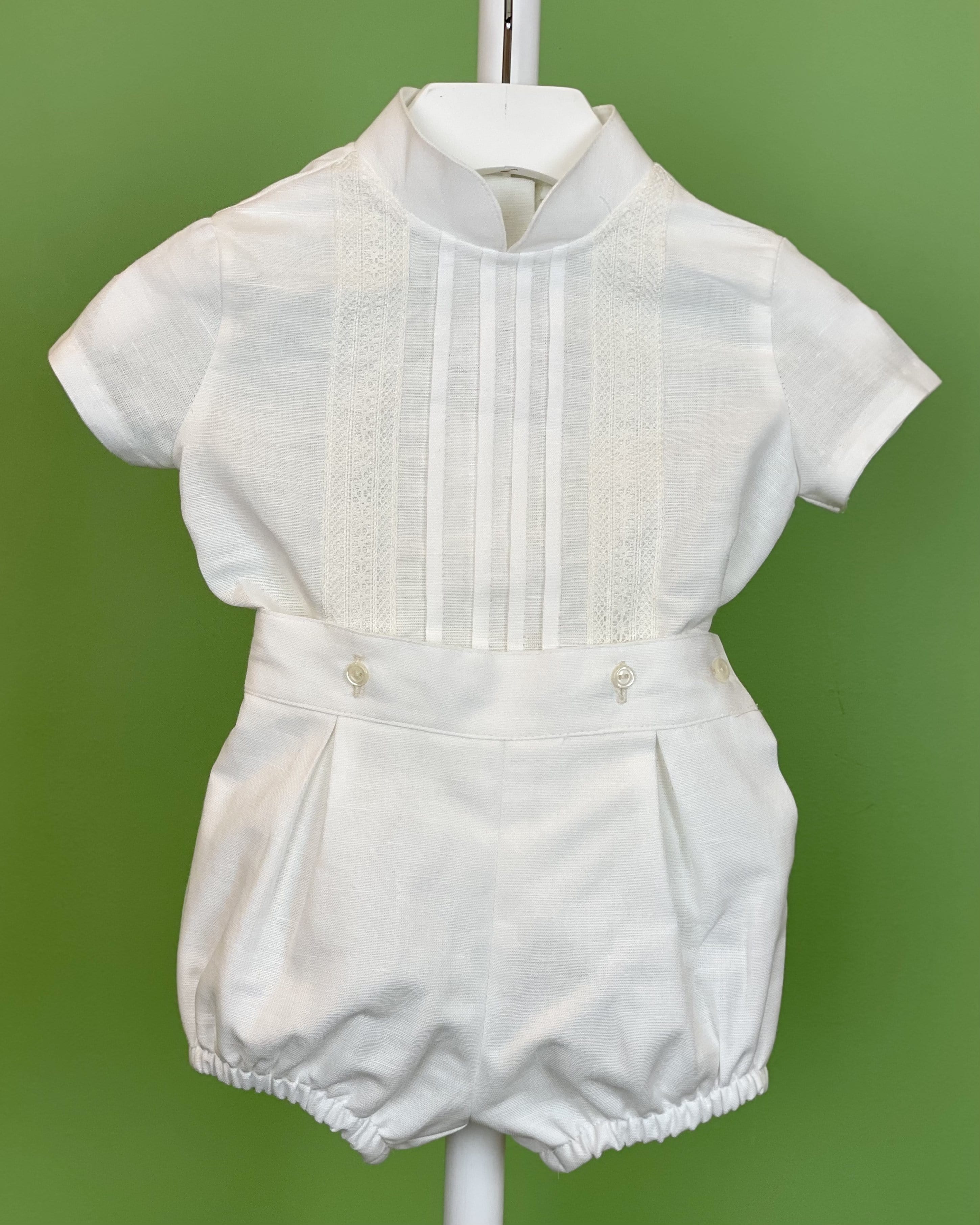 YoYo Children's Boutique Baptism White Linen & Mao Collar Bubble Outfit