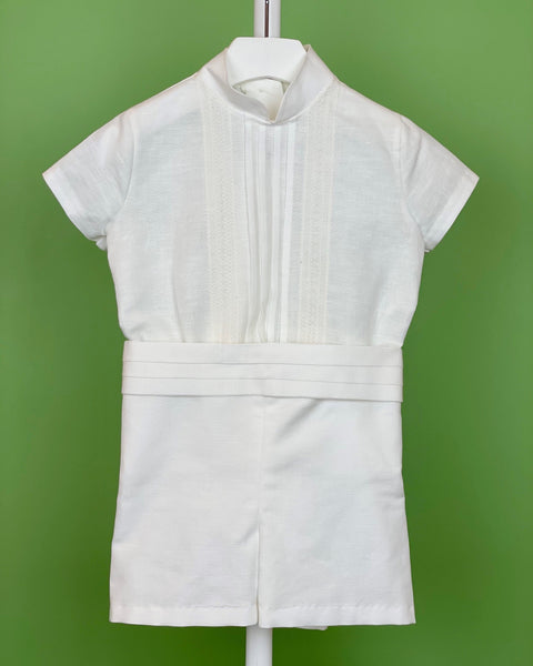 YoYo Children's Boutique Baptism White Linen & Mao Collar Shorts Outfit