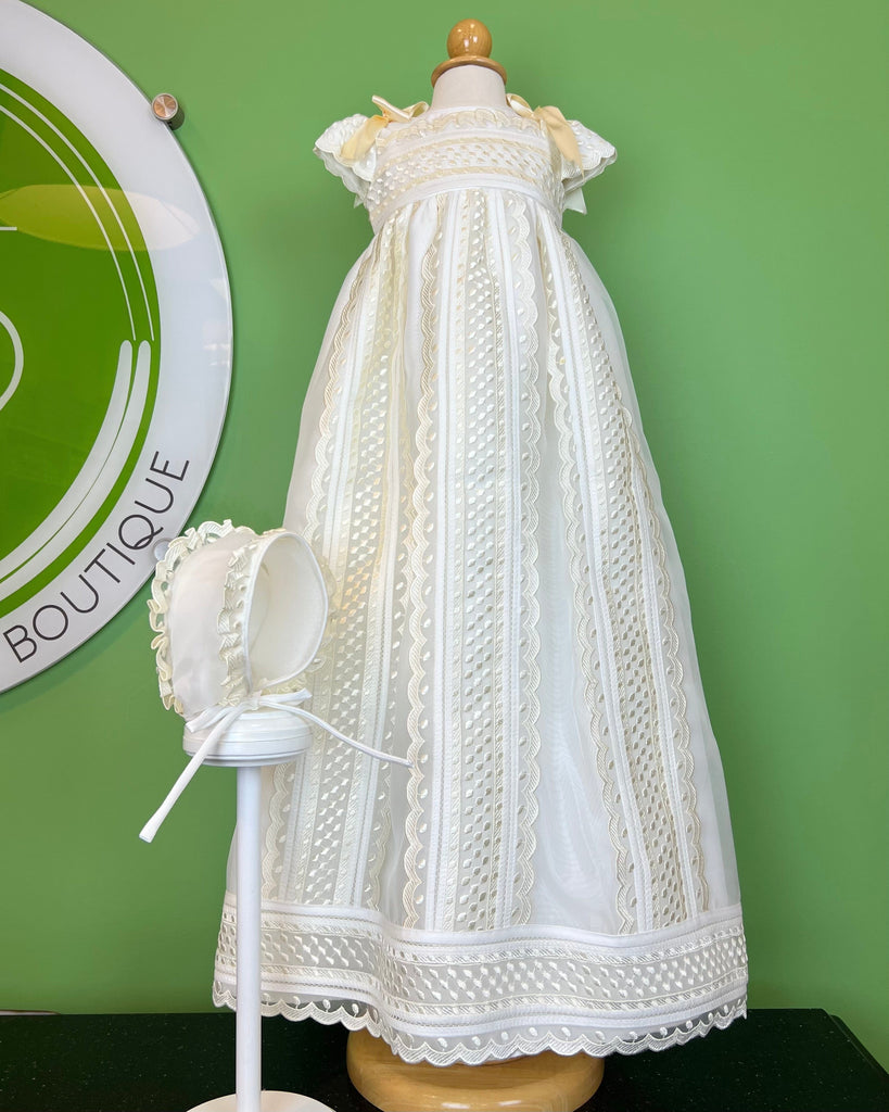 YoYo Children's Boutique Baptism Zamora Ivory Christening Gown with Bonnet