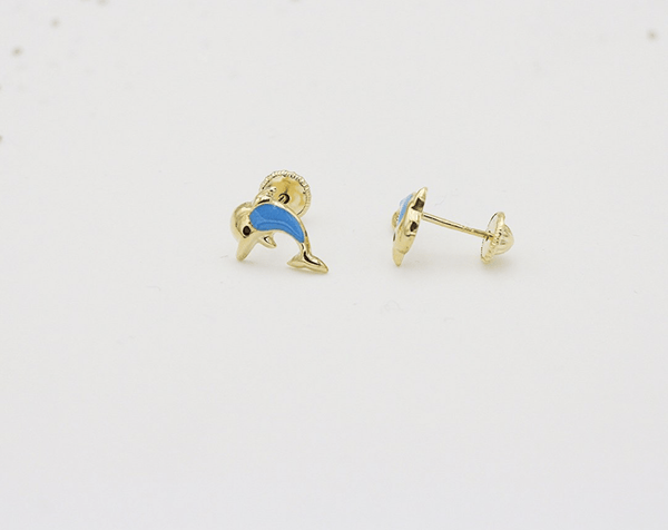 YoYo Children's Boutique Jewelry Blue Dolphin Enamel 18kt Yellow Gold Stud