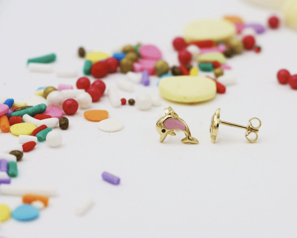 YoYo Children's Boutique Jewelry Pink Dolphin 18kt Yellow Gold Stud