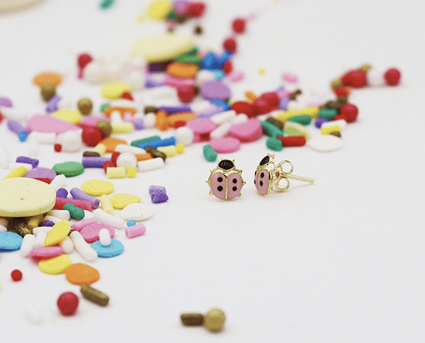 YoYo Children's Boutique Jewelry Pink Ladybug 18kt Yellow Gold Stud