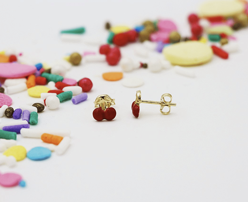 YoYo Children's Boutique Jewelry Red Cherry 18kt Yellow Gold Stud