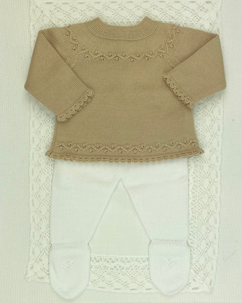 YoYo Children's Boutique Newborn 0M / Beige Beige & White Knit Newborn Outfit