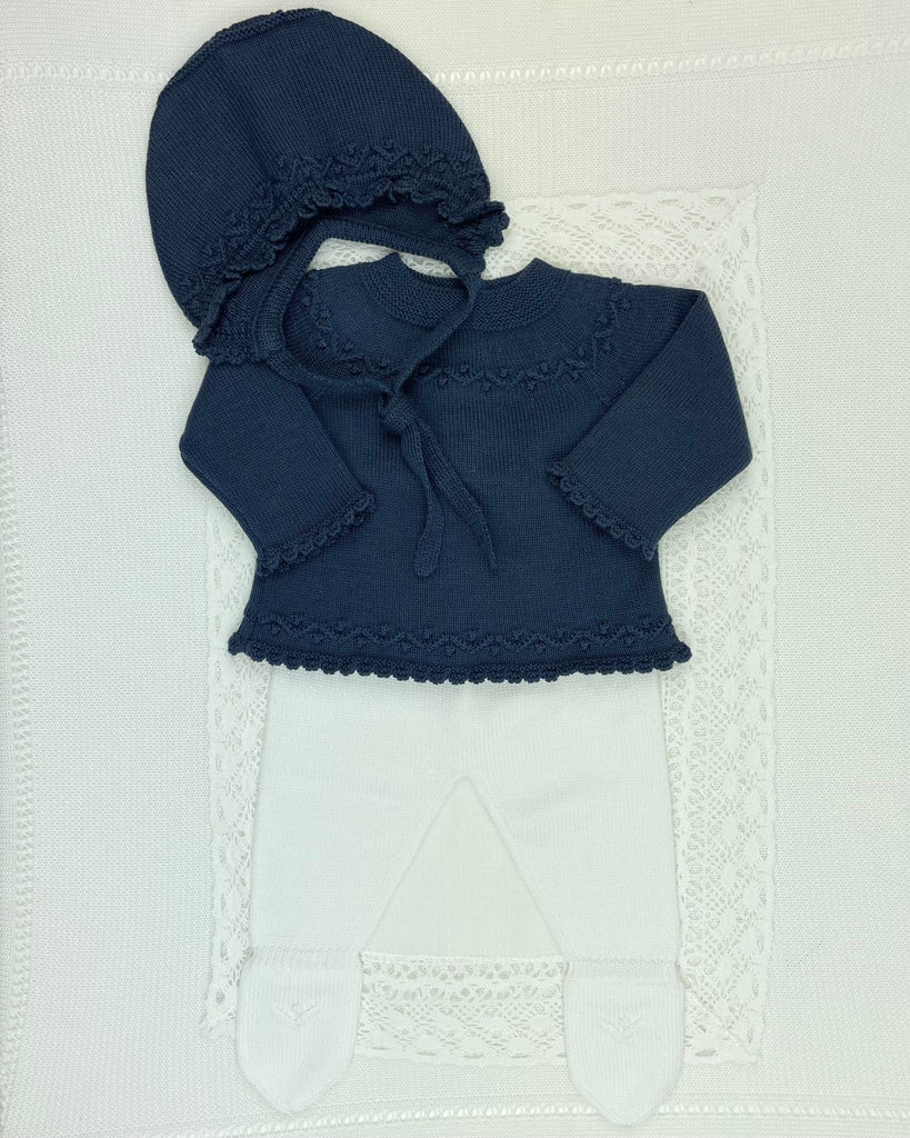 YoYo Children's Boutique Newborn 0M / Navy Blue Navy Blue & White Knit Newborn Outfit