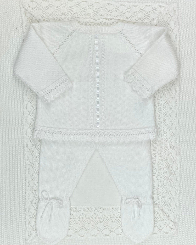 YoYo Children's Boutique Newborn 0M White Knit & Ribbon Newborn Outfit